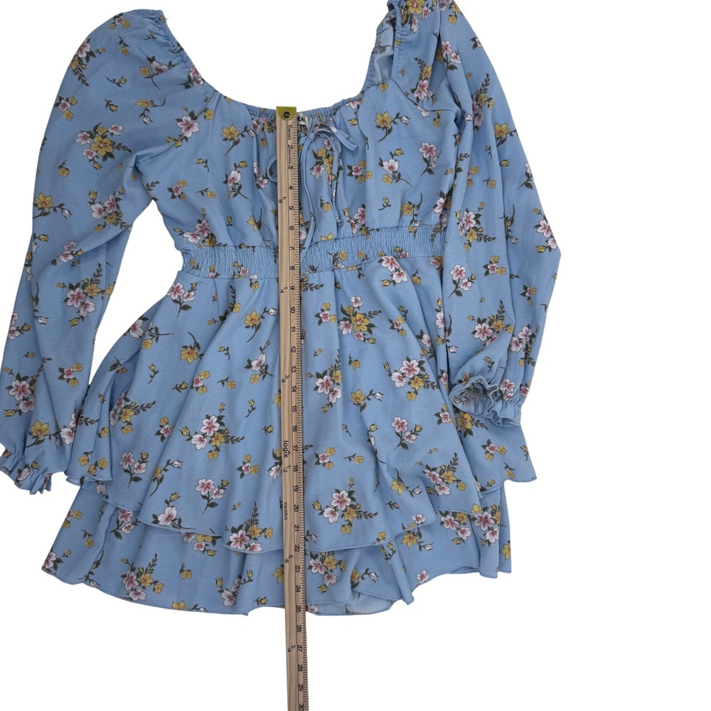 Inspired Hearts Blue Floral Long Sleeve Romper Dress Smocked Tie Women's Size L - Picture 4 of 11